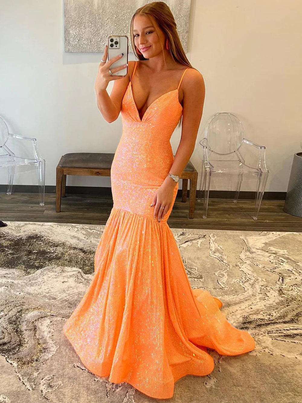 Vestido de fiesta de sirena con escote en V y lentejuelas